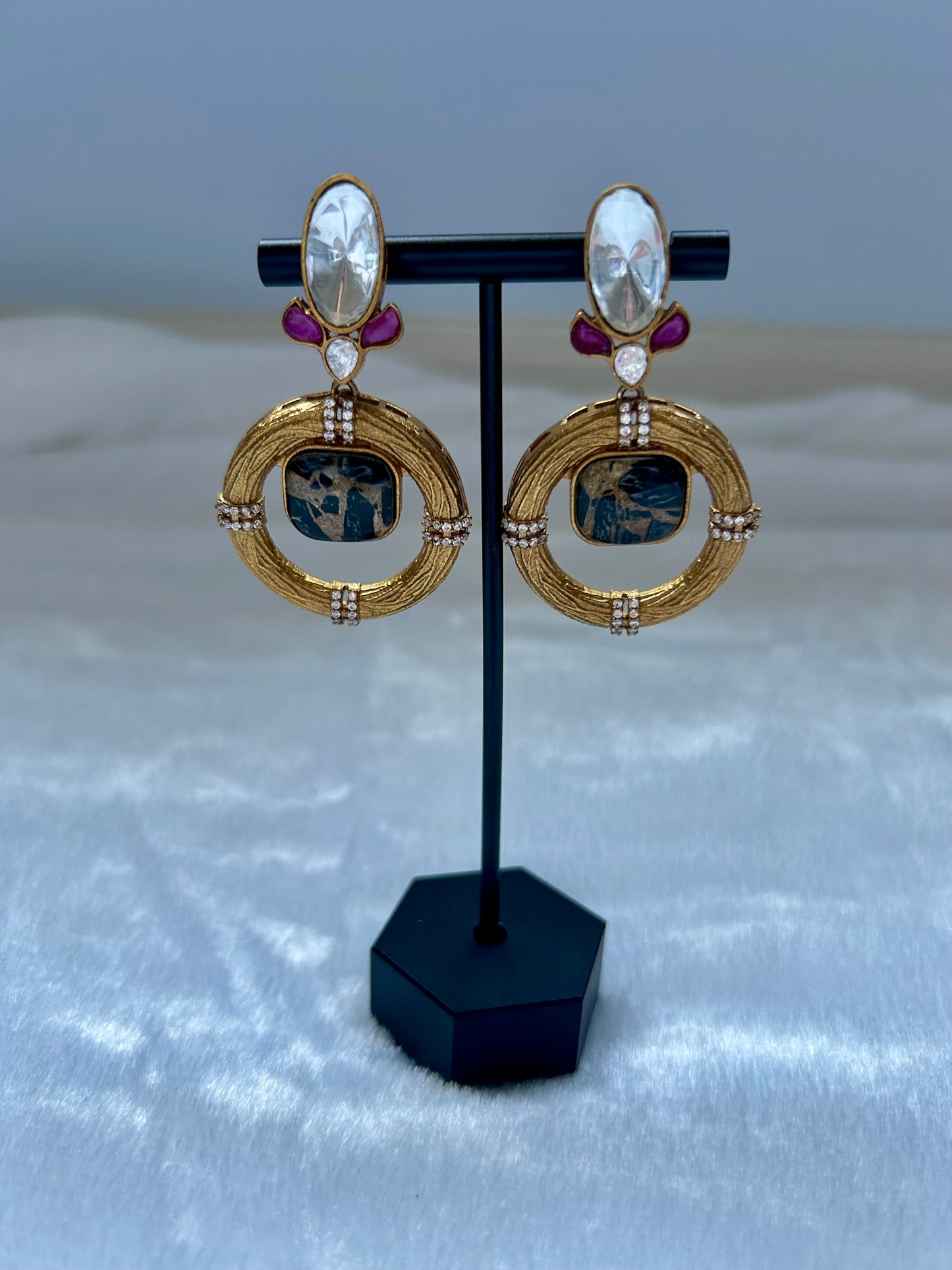 Black Marble Uncut Kundan Earrings