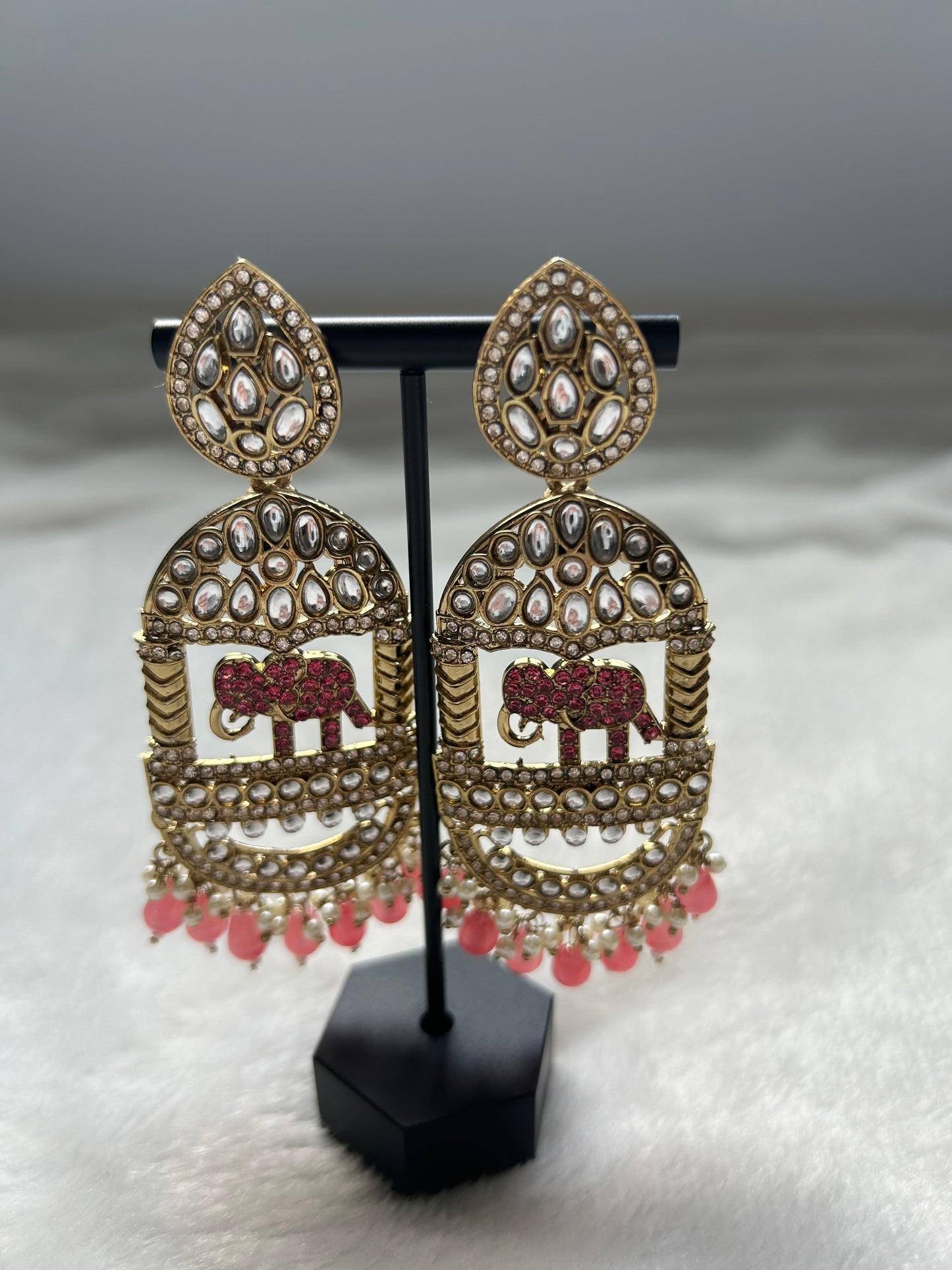 Oversized Orange Pink Elephant Kundan Earrings