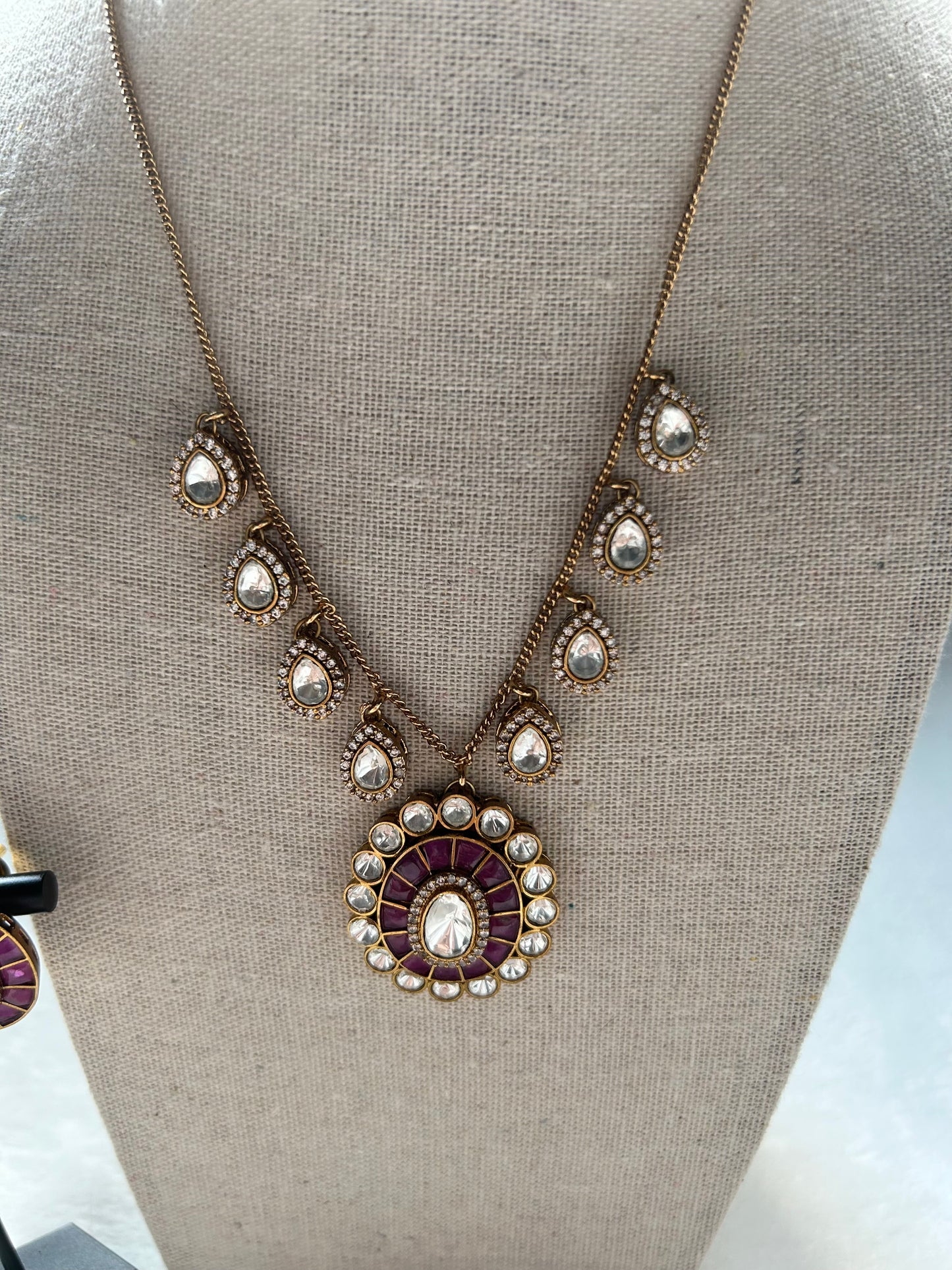 Dark Pink Moissanite Kundan Necklace Set