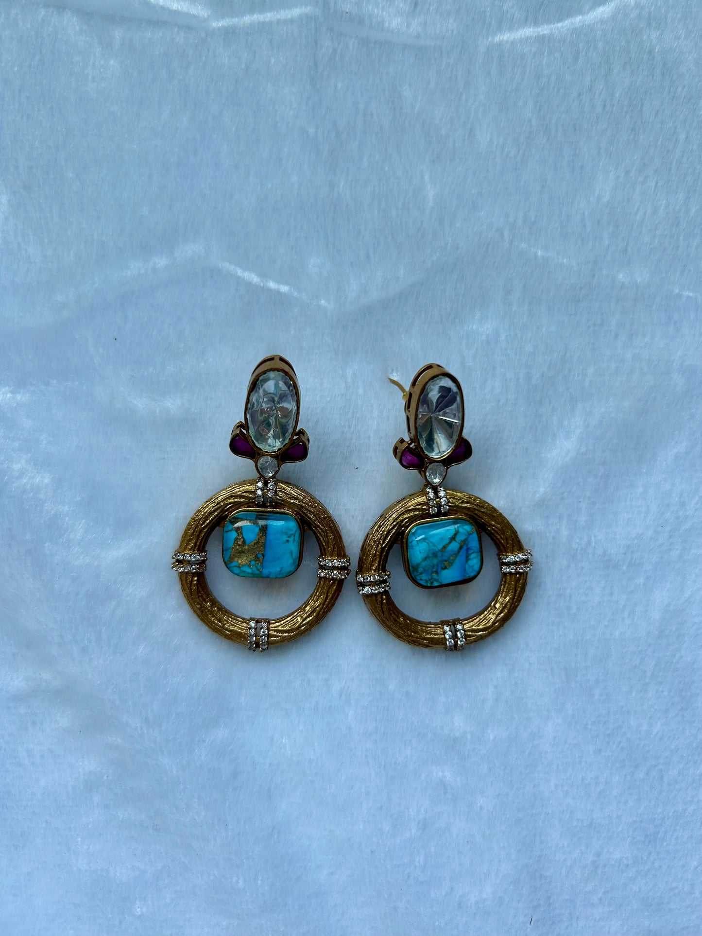 Ferozi Blue Marble Uncut Kundan Earrings