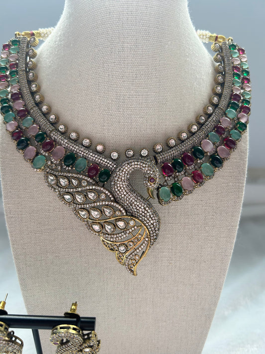 Multi Moissanite Kundan Peacock Necklace Set