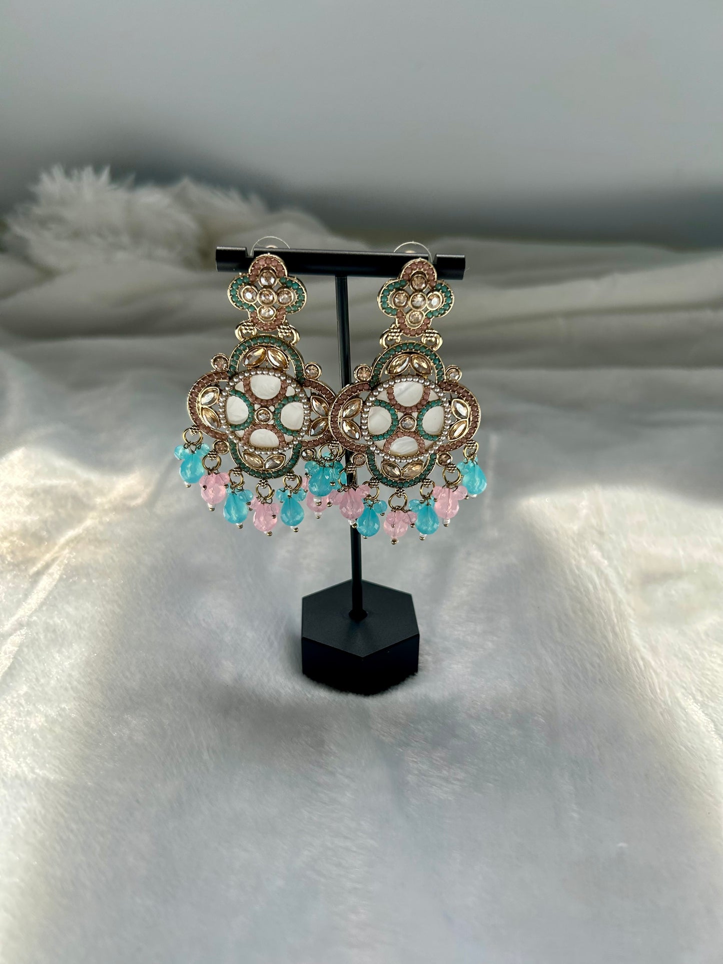 Light Pink & Blue Polki Earrings