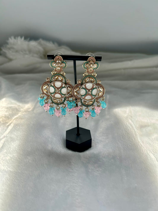 Light Pink & Blue Polki Earrings