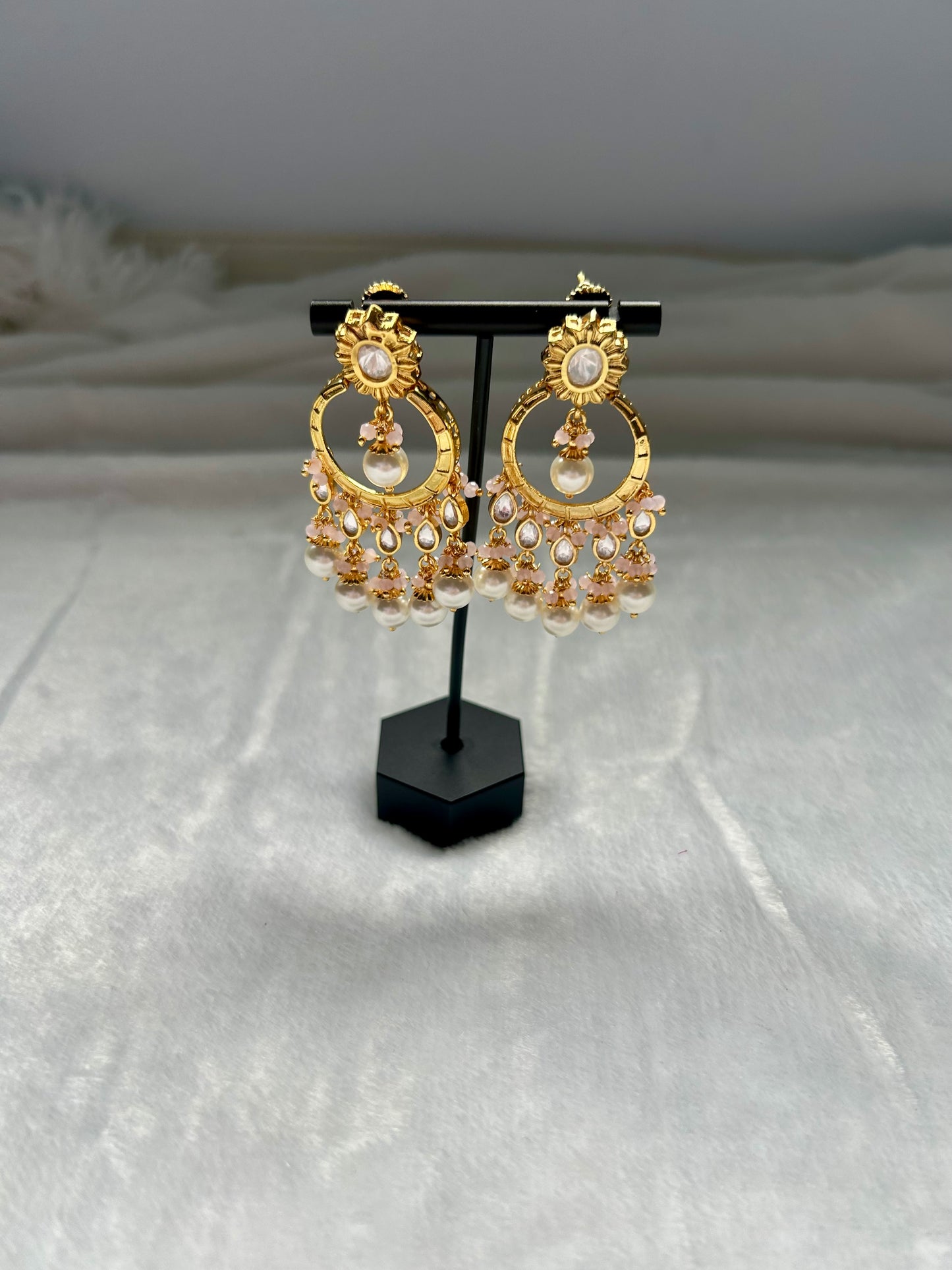 Pink Gold Crafted Chandbali Earrings