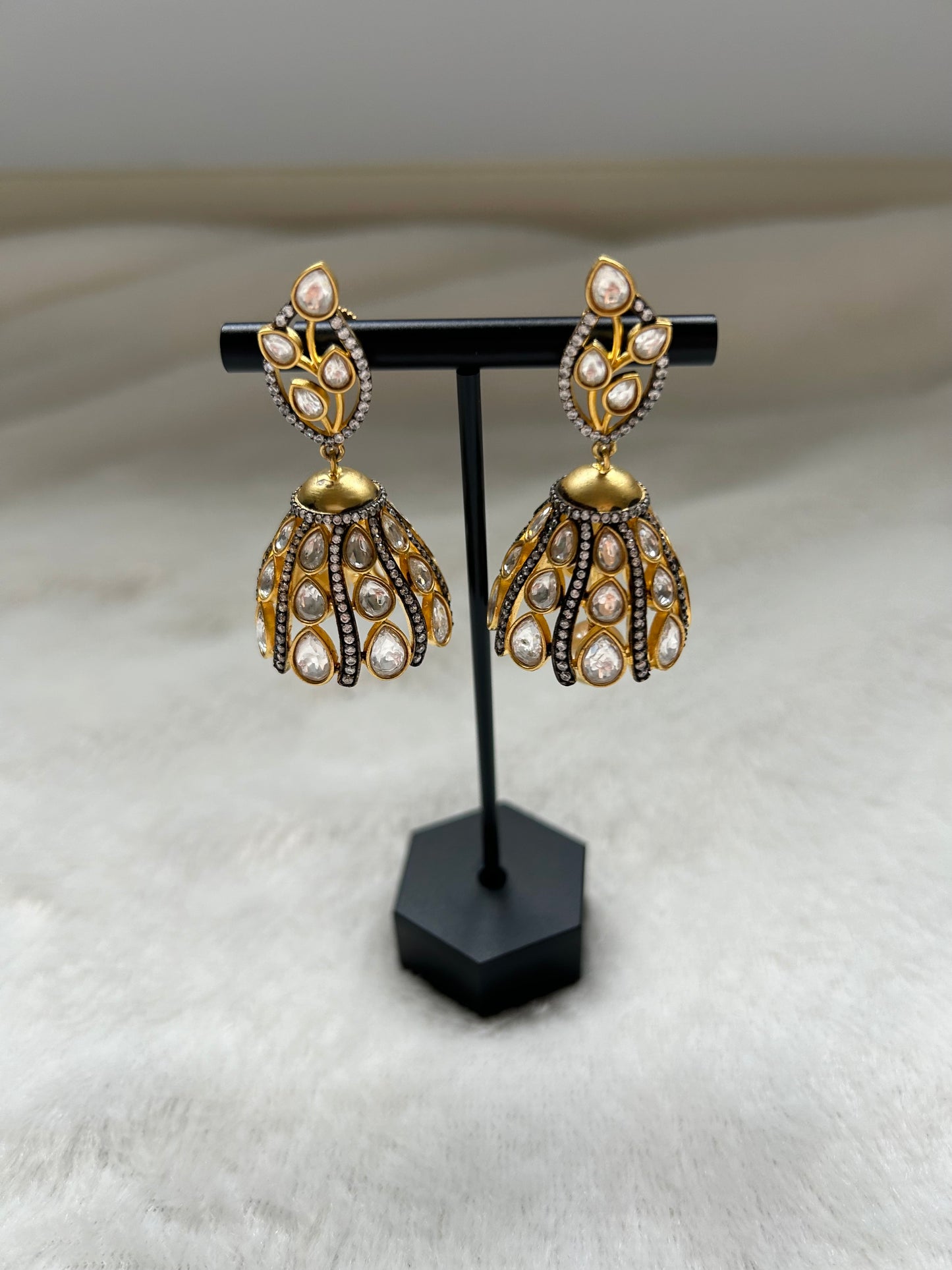 Gold & Black Uncut Kundan Jhumkis