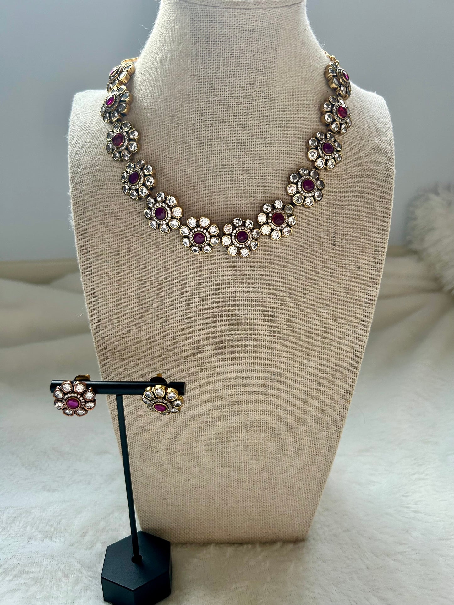 South Indian Inspired Floral Motif Ruby Choker Set