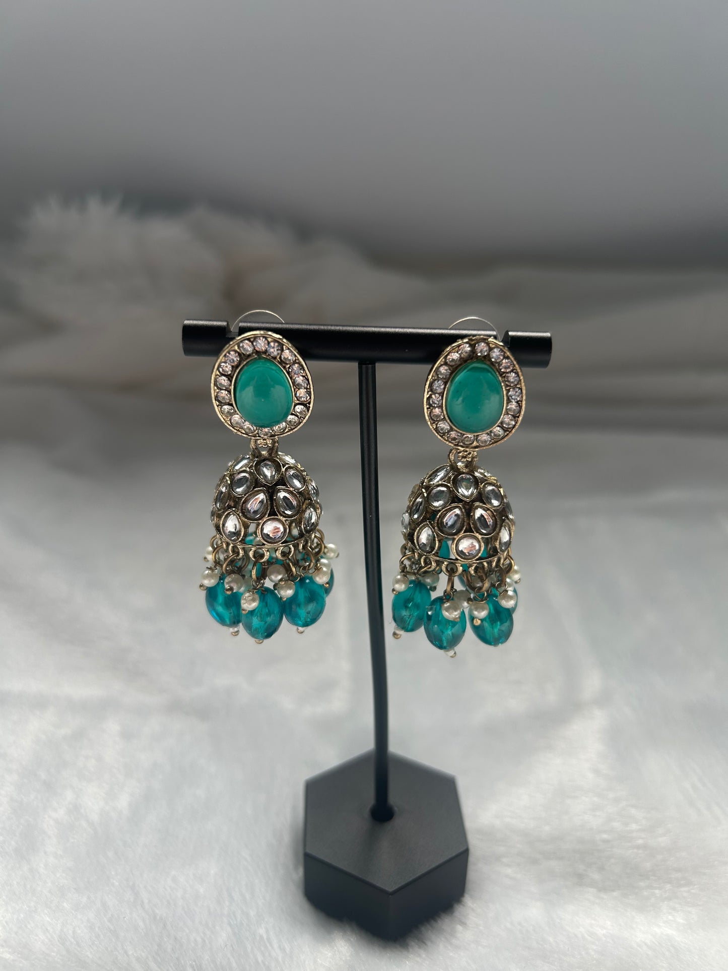 Teal Kundan Jhumki Earrings