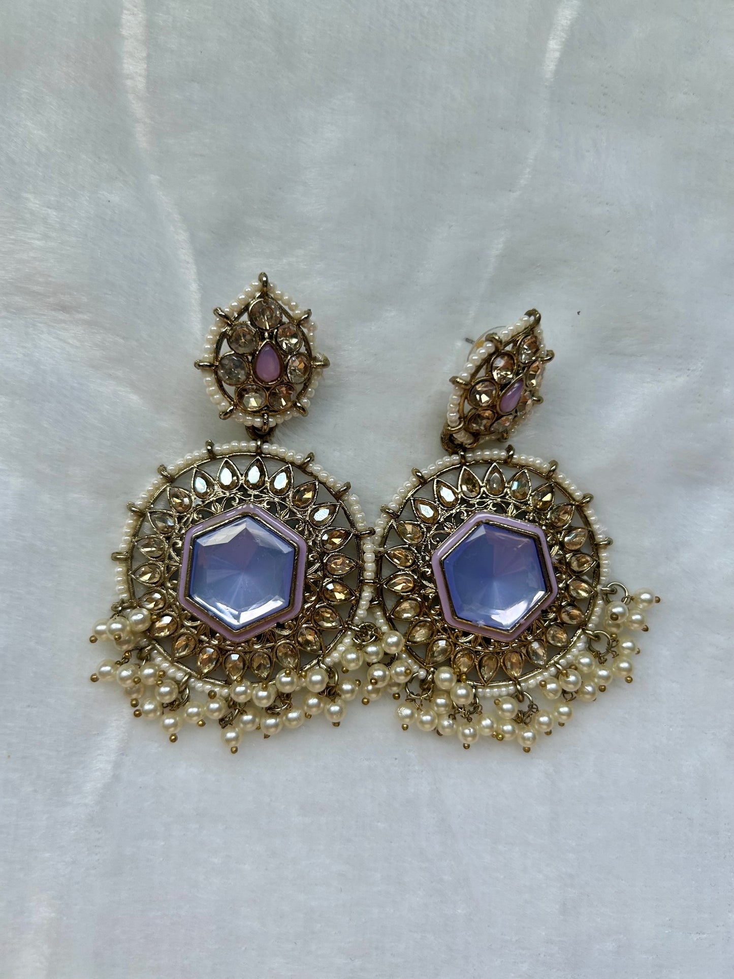 Purple & White Kundan Earrings