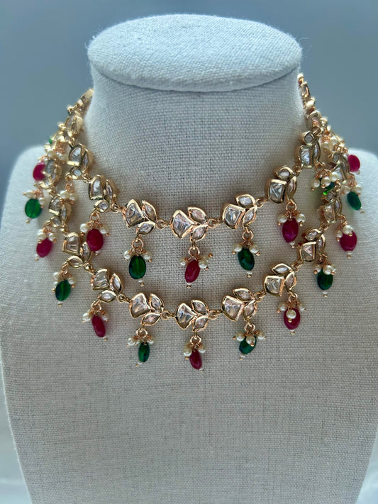 Tyaani Kundan Red & Green Two Layer Choker Set