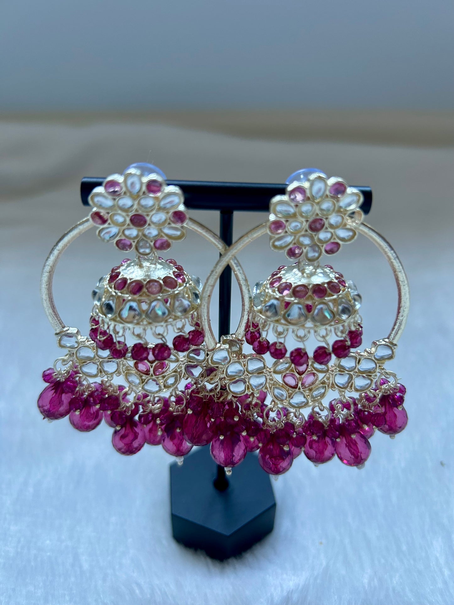 2 in 1 Hot Pink Kundan Waliyaan Jhumka Earrings