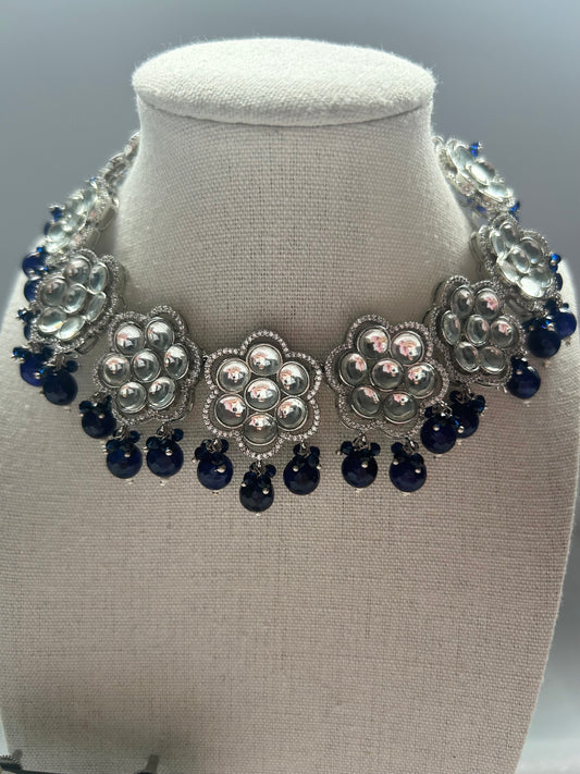 Navy Blue Uncut & AD Kundan Necklace Set