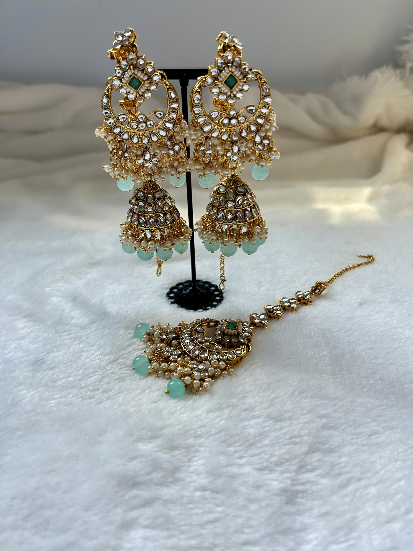 Mint Blue Kundan Tikka Set