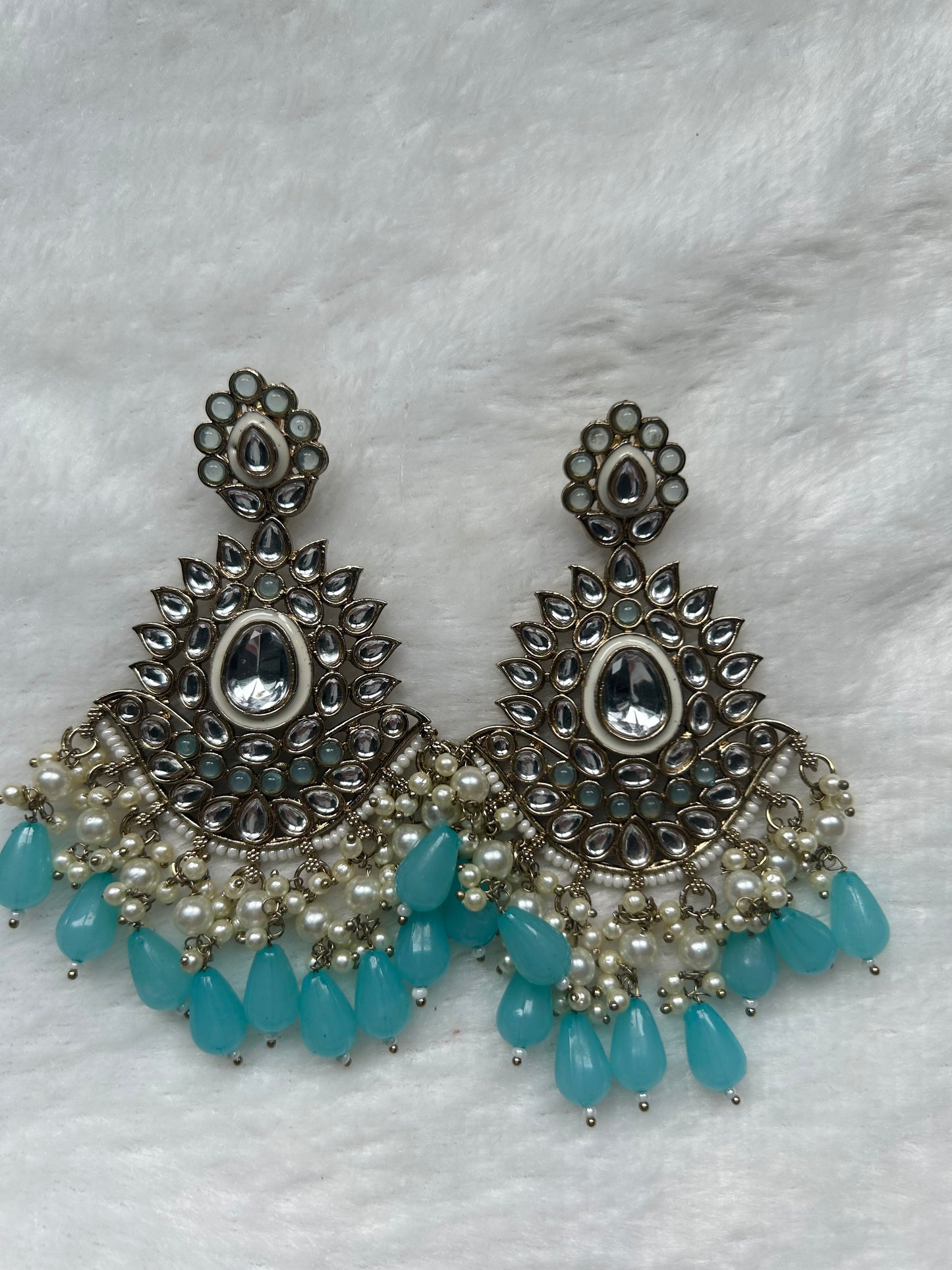 Oversized Blue Kundan Earrings