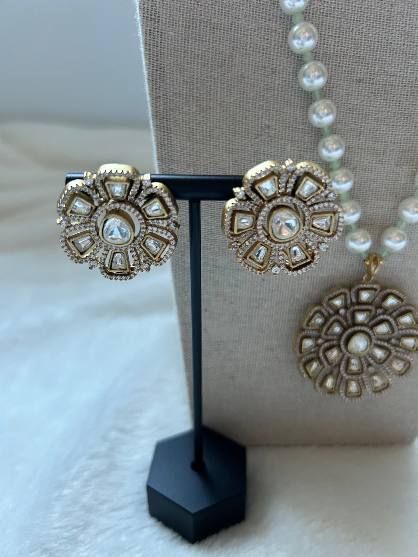 White & Mint Moissanite Kundan Mala Set