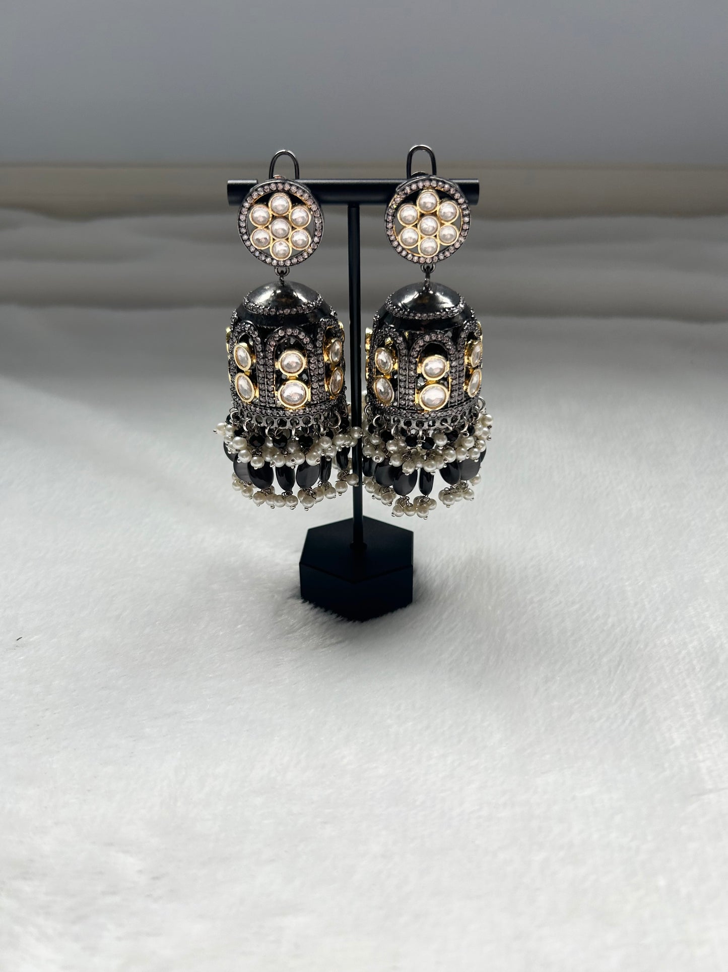 Oversized Dark Grey Jhumki Earrings