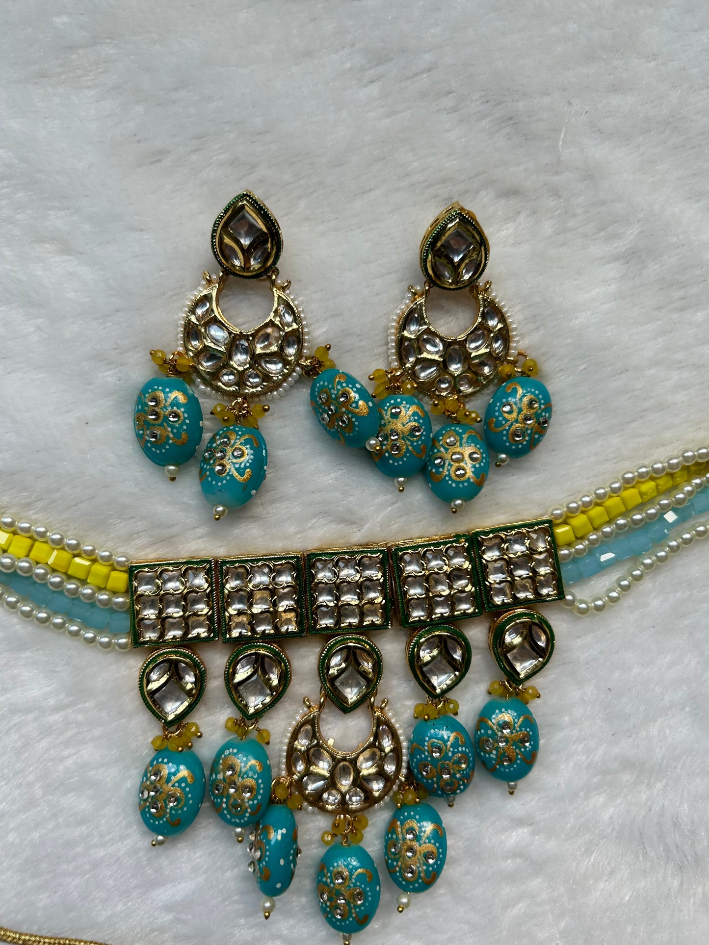 Blue and Yellow Kundan Choker Set