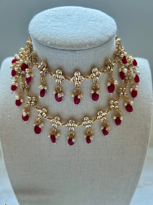 Dark Red Tyaani Kundan Two Layered Set