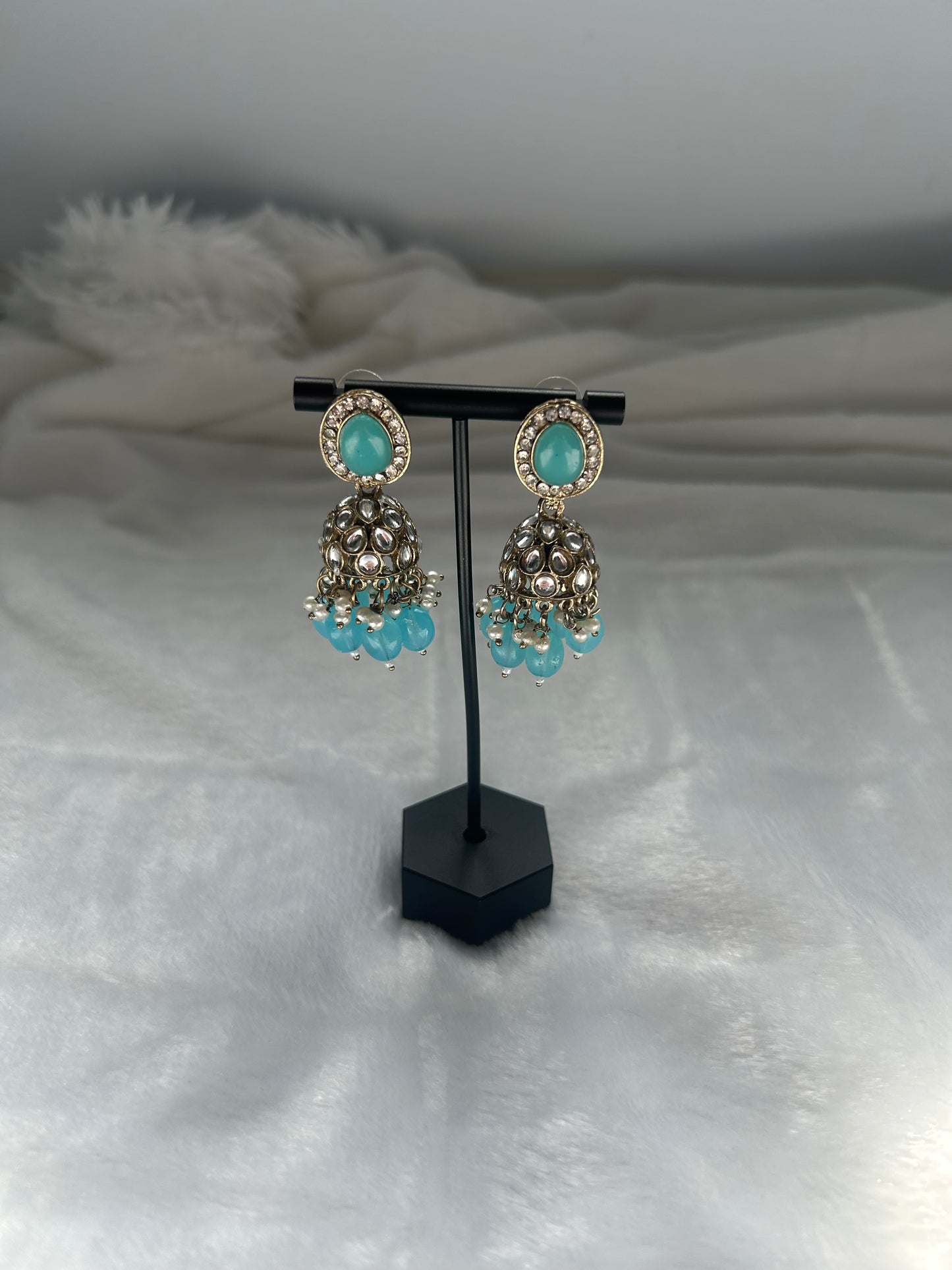 Ferozi Blue Kundan Jhumki Earrings