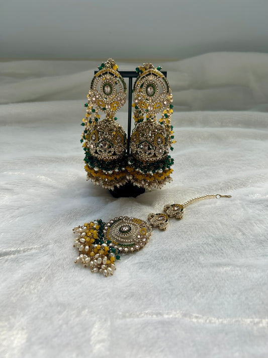 Yellow & Green Polki Sahara Jhumki Tikka Set