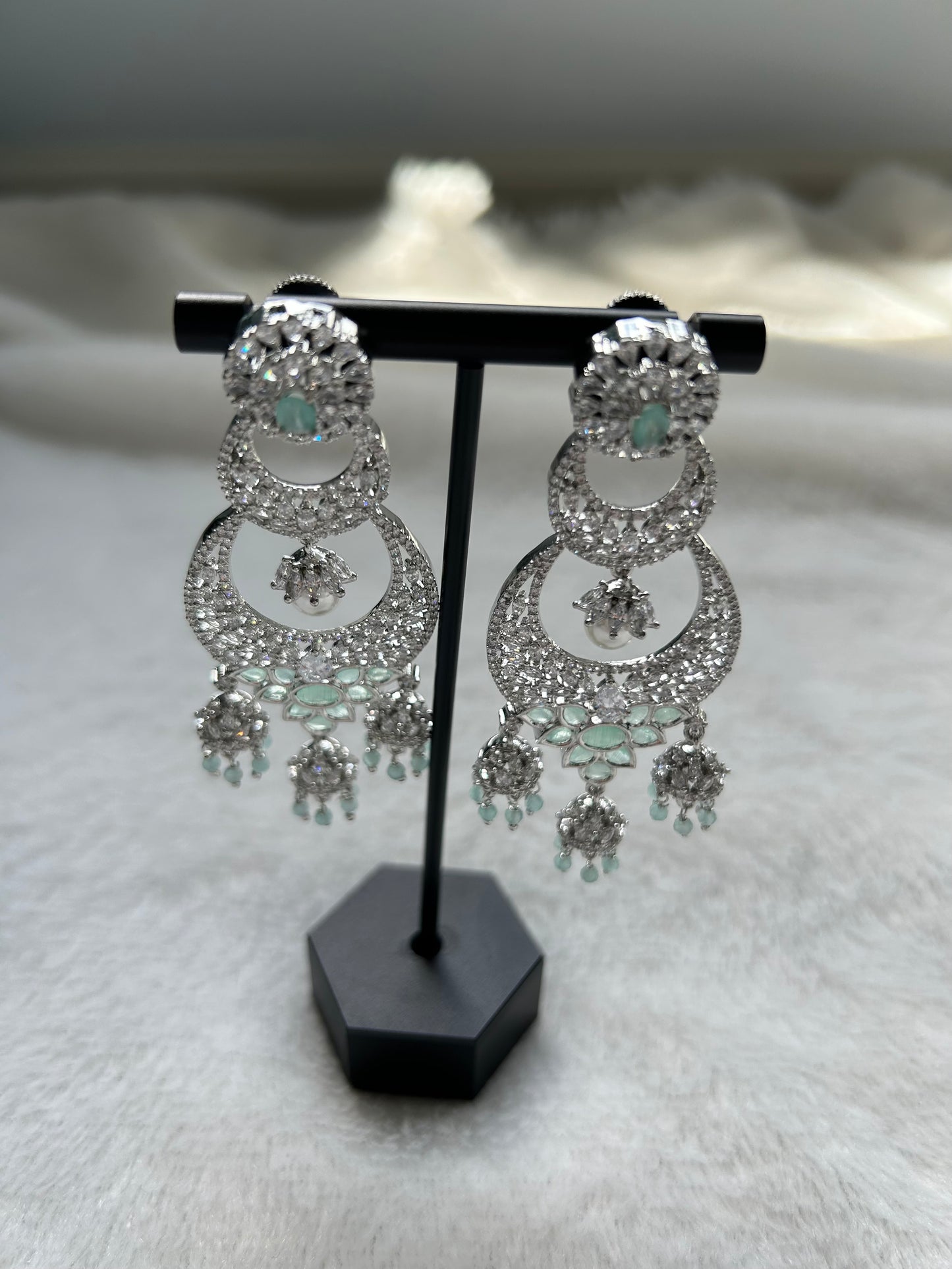 AD Mint Chandbali 3 Drop Jhumki Earrings