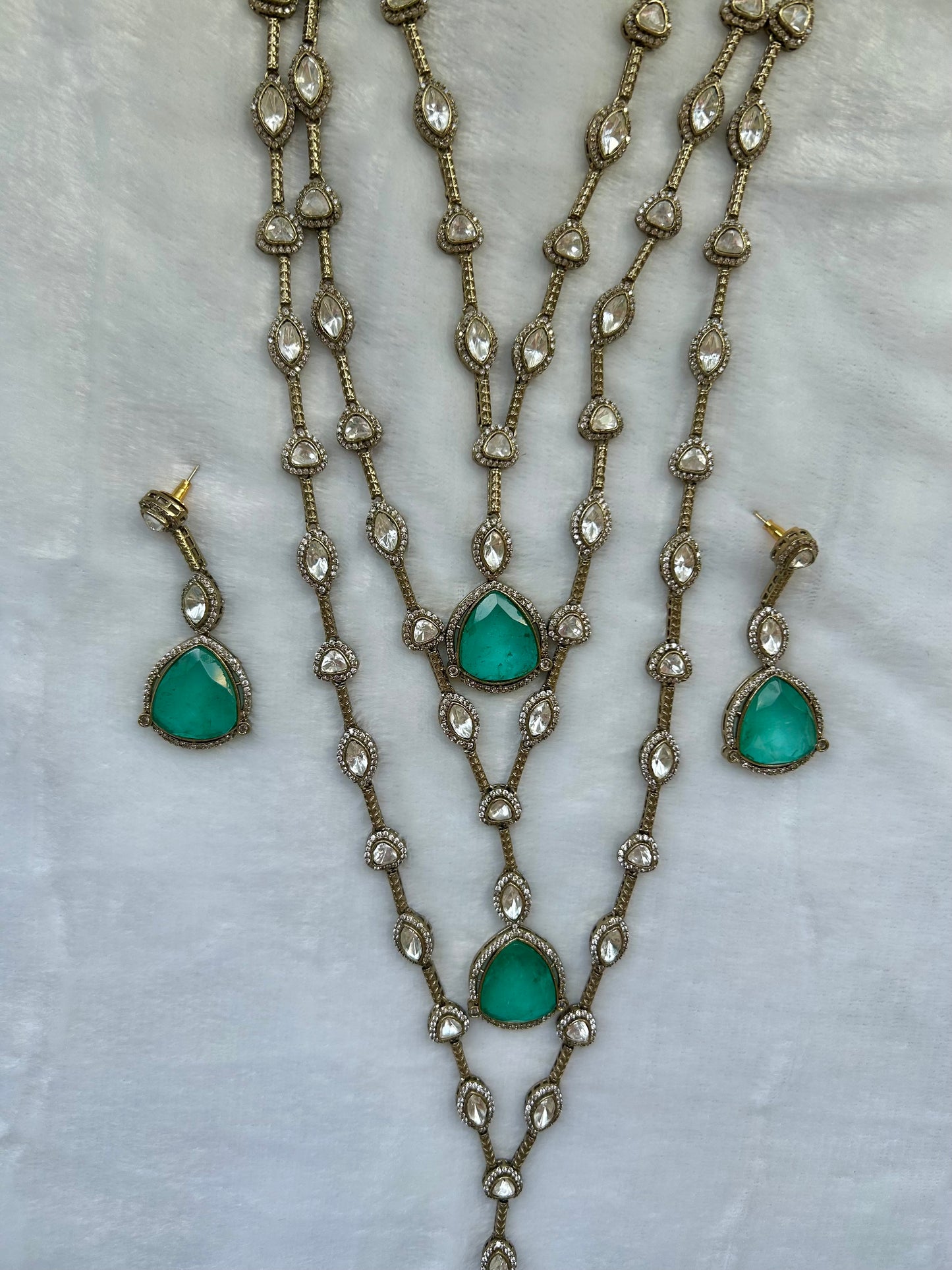 3 Layered Sea Green Doublet & Moissanite Necklace Set
