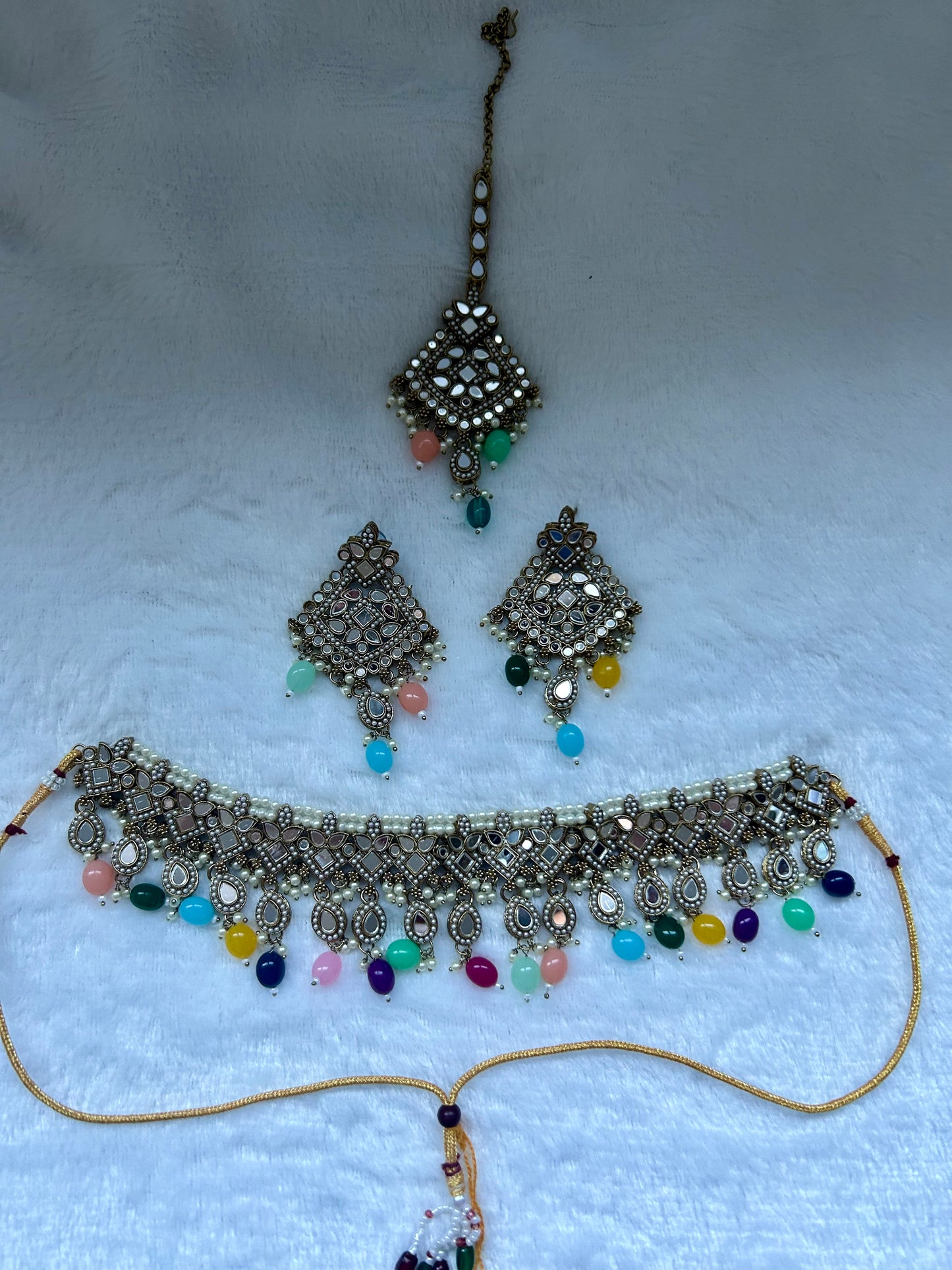 Multi Color Mirror Choker Tikka Set