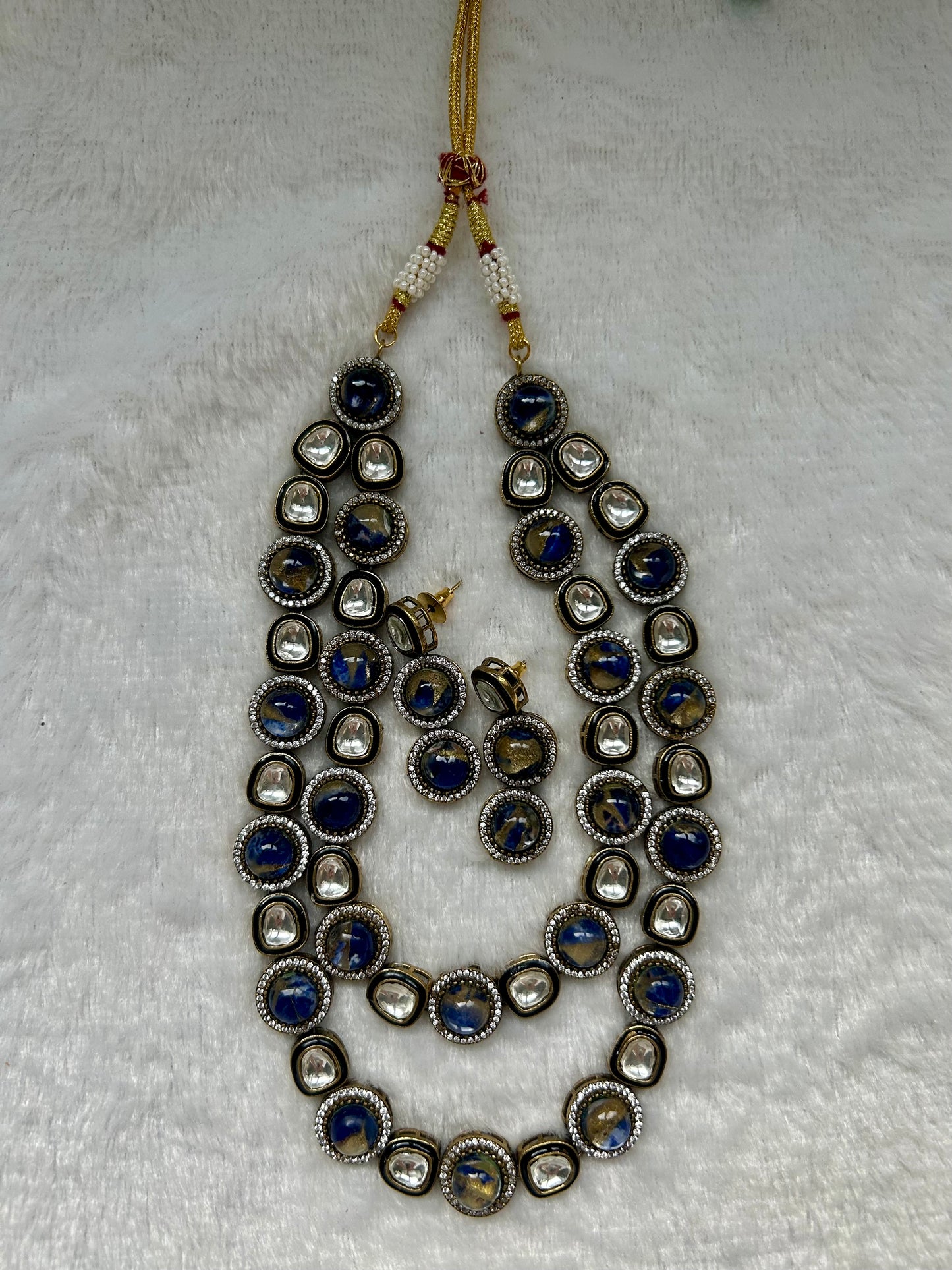 Dark Blue Marble Kundan Layered Set