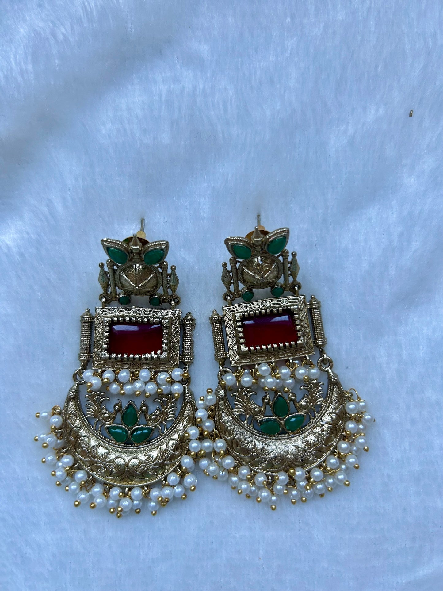 Dual Toned Ruby & Bottle Green Earrings