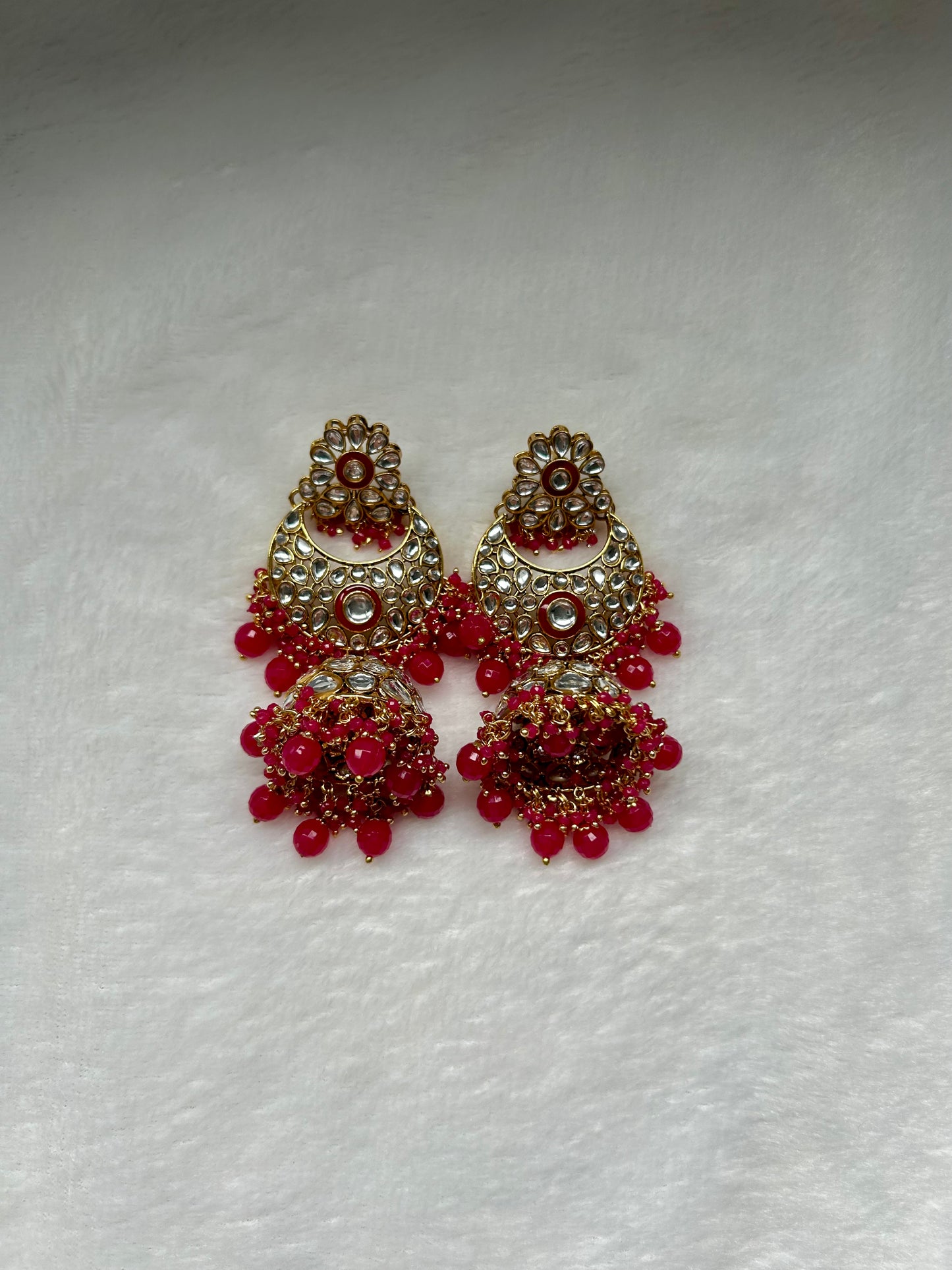 Hot Pink Kundan Jhumka Earrings