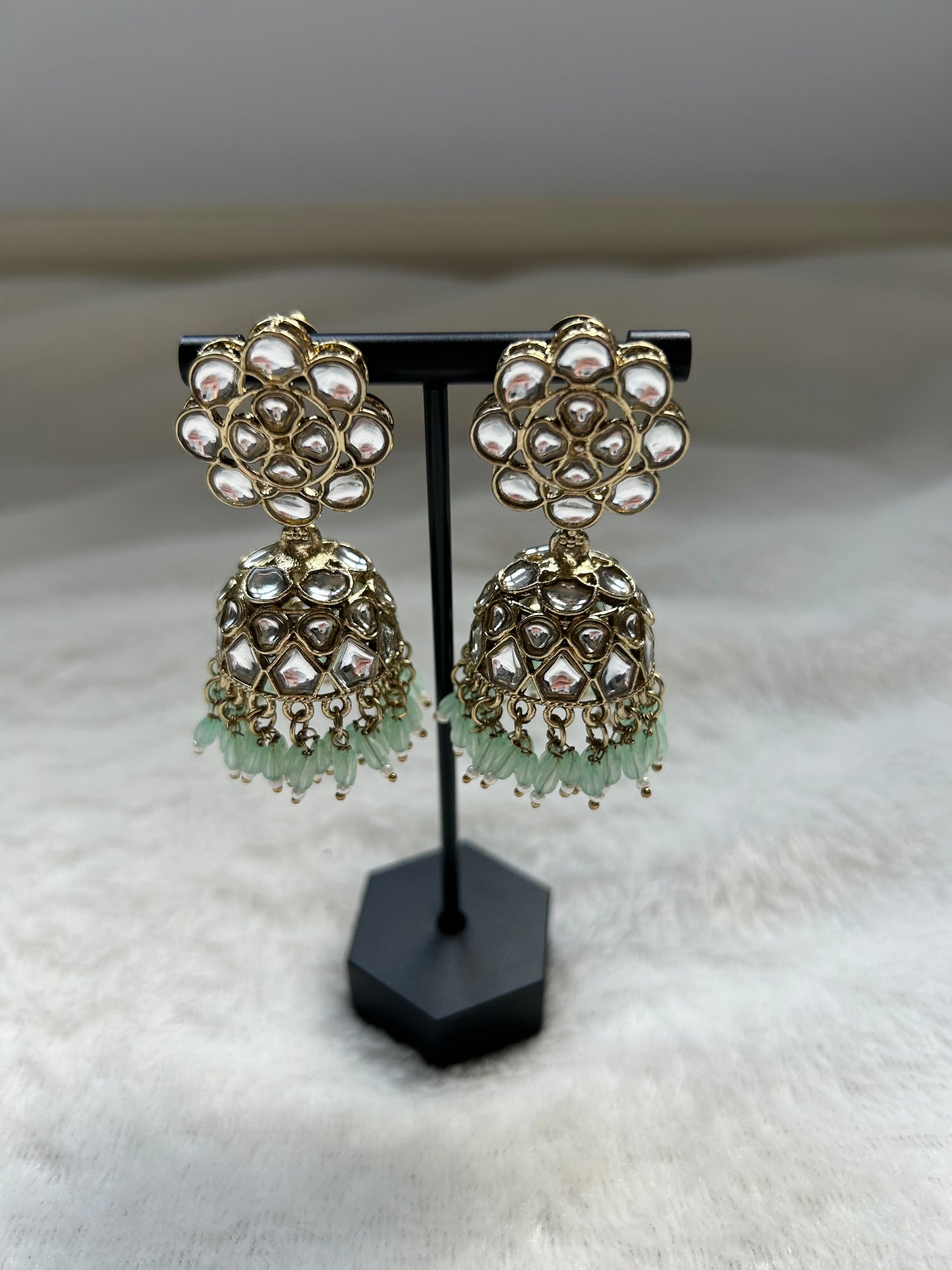 Mint Kundan Jhumka Earrings