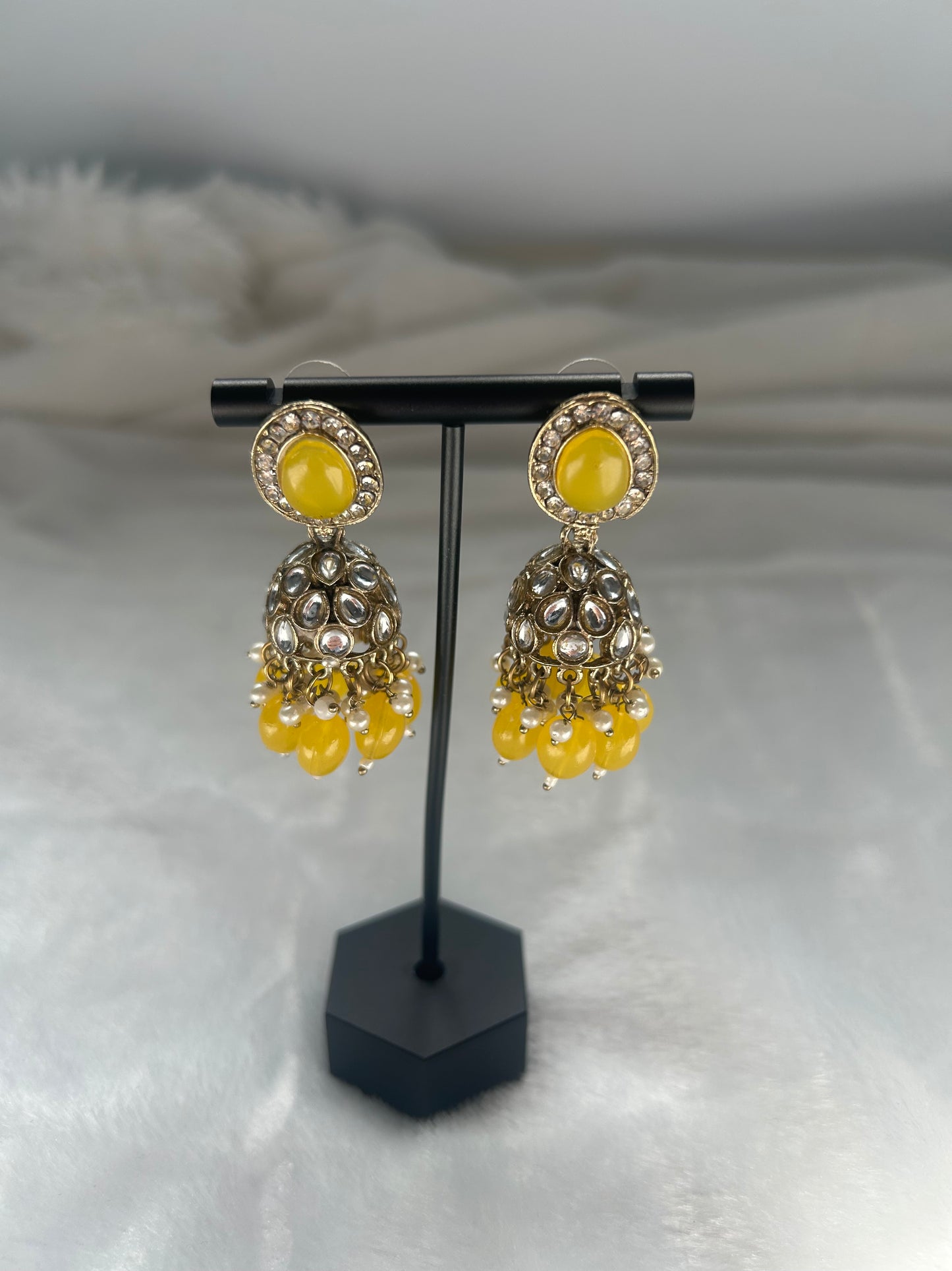 Yellow Kundan Jhumki Earrings