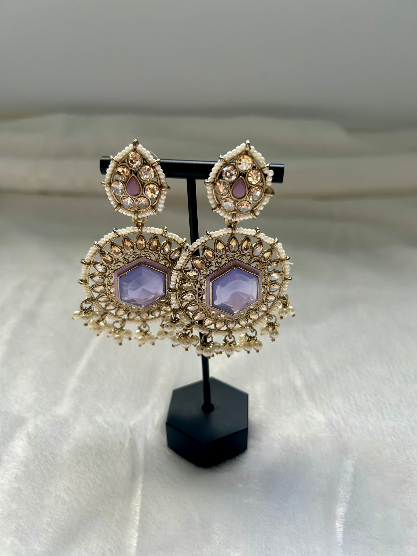 Purple & White Kundan Earrings