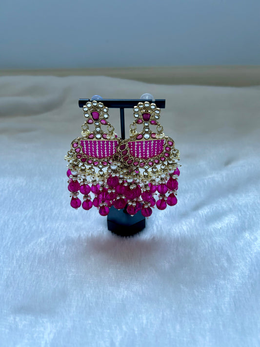 Hot Pink Kundan Beaded Earrings