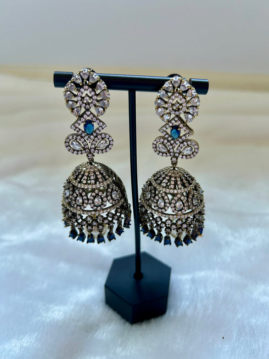 AD Oxidized Royal Blue Jhumka Earrings