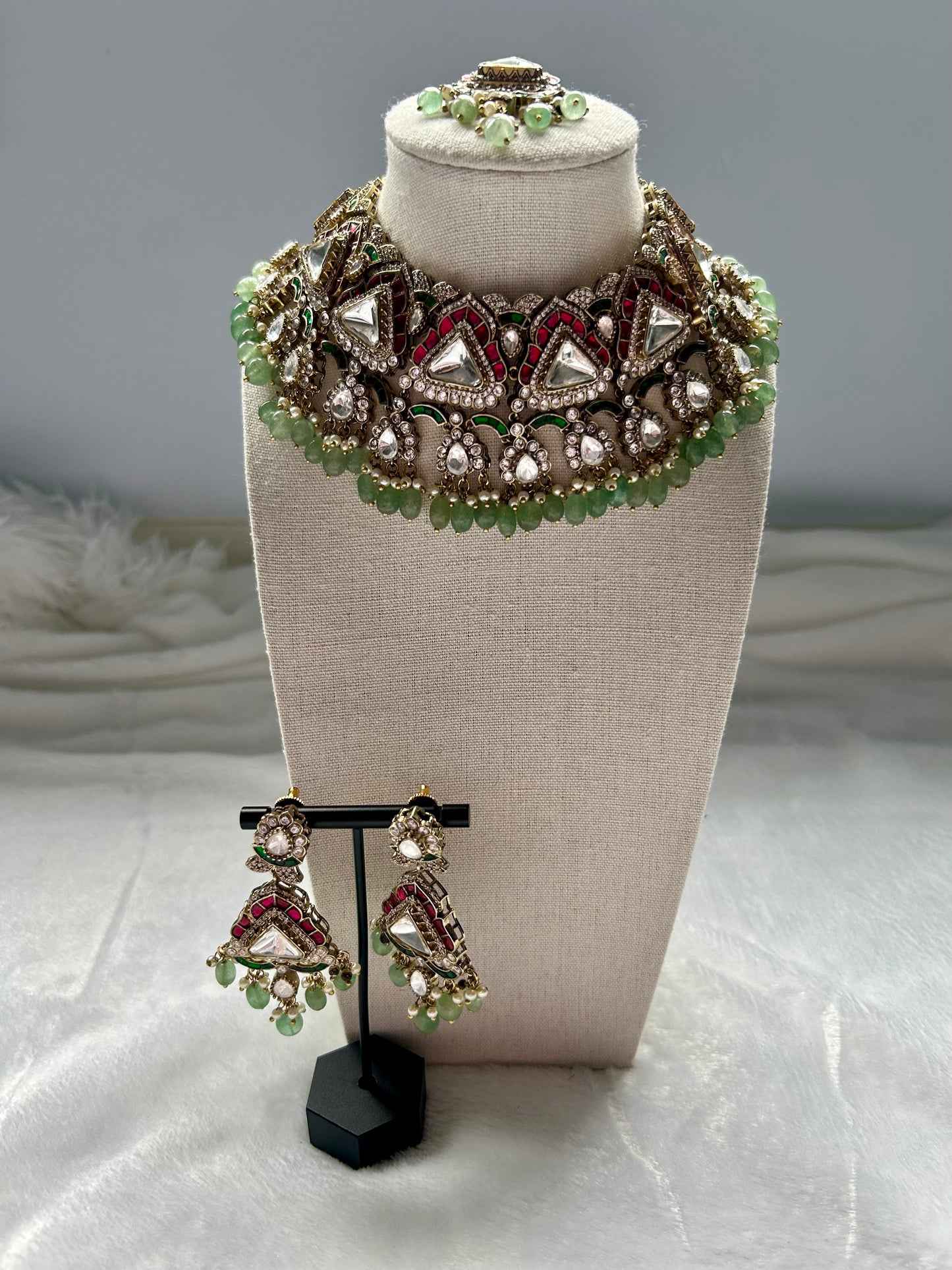 LUXE Red & Green Moissanite Kundan Choker Set