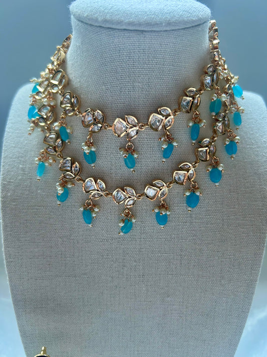 Tyaani Kundan Ferozi Blue Two Layer Choker Set