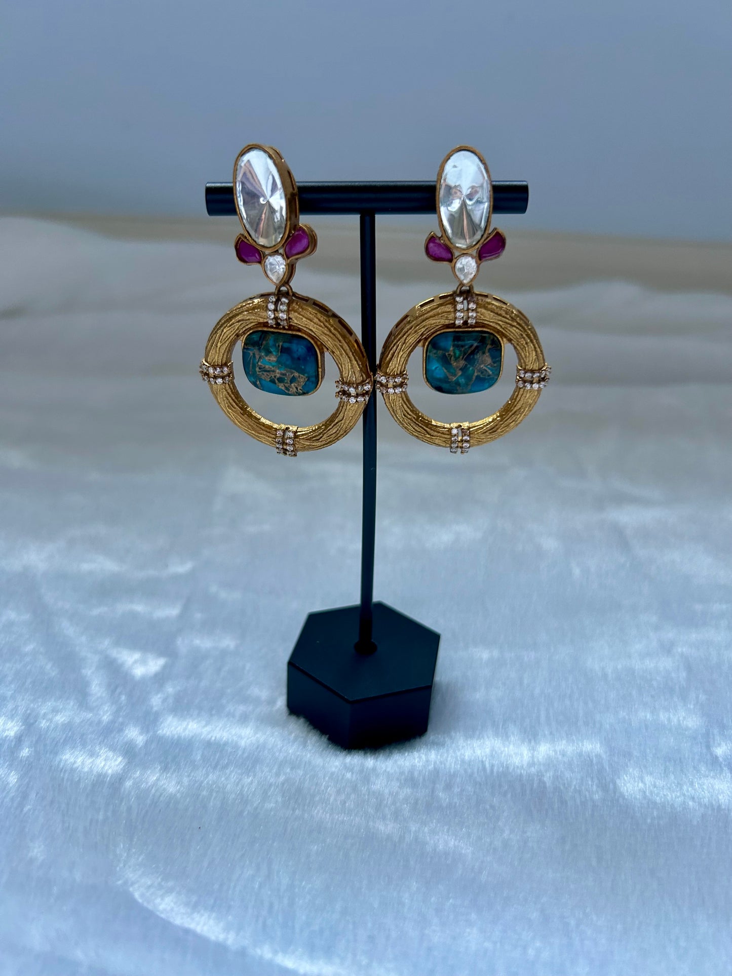 Dark Blue Marble Uncut Kundan Earrings