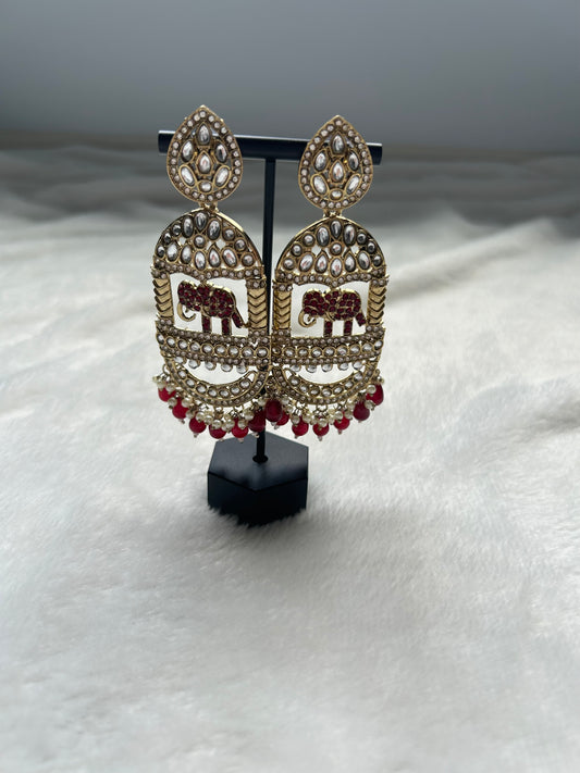 Oversized Red Elephant Kundan Earrings