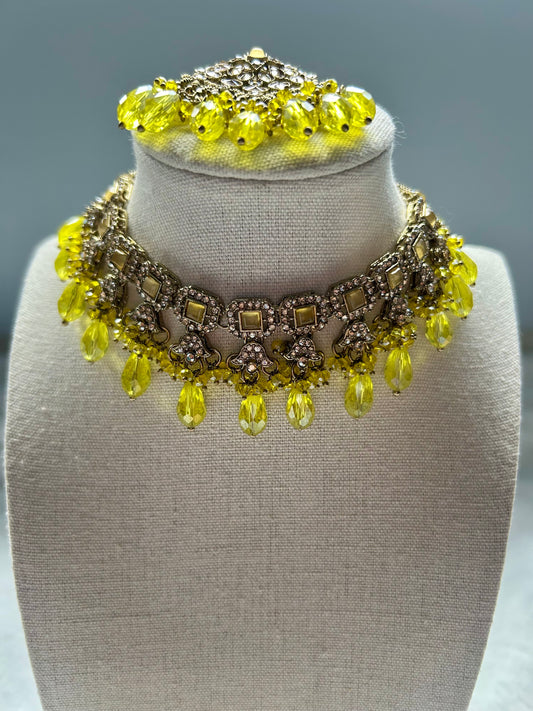 Yellow Polki Choker Tikka Set