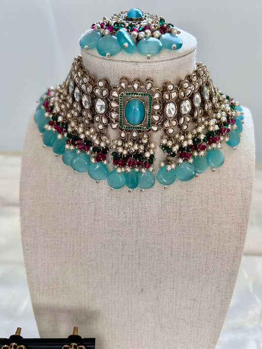 Blue Kundan Choker Tikka Set