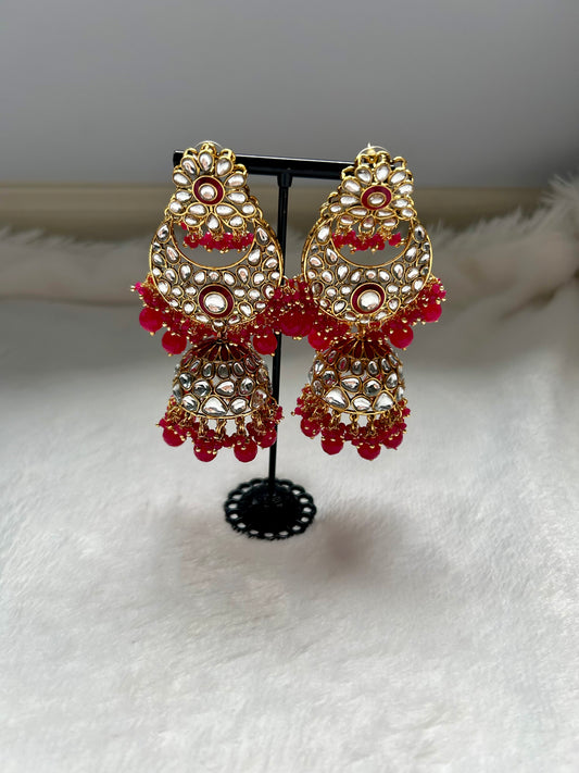 Hot Pink Kundan Jhumka Earrings