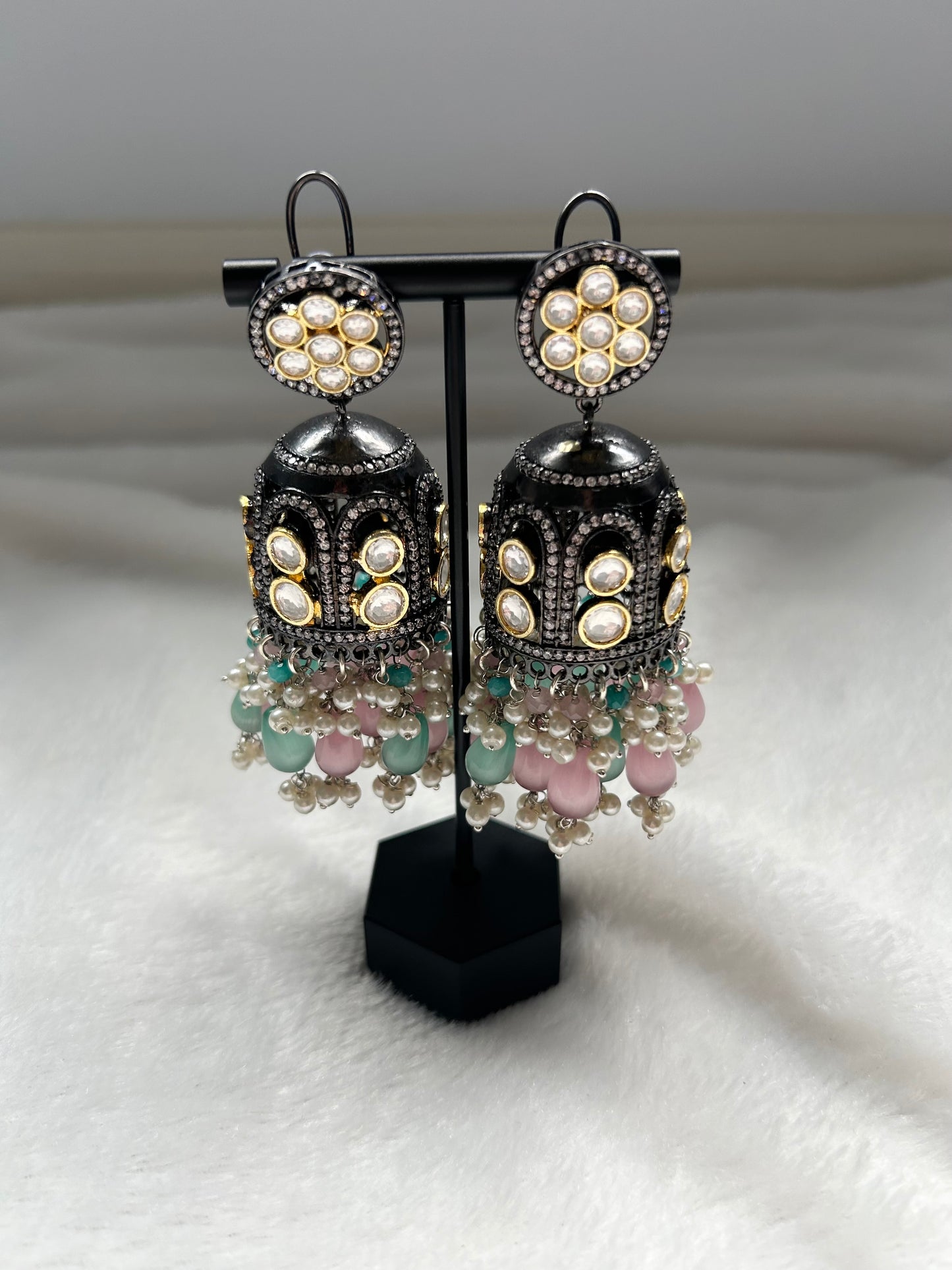 Oversized Mint & Pink Jhumki Earrings