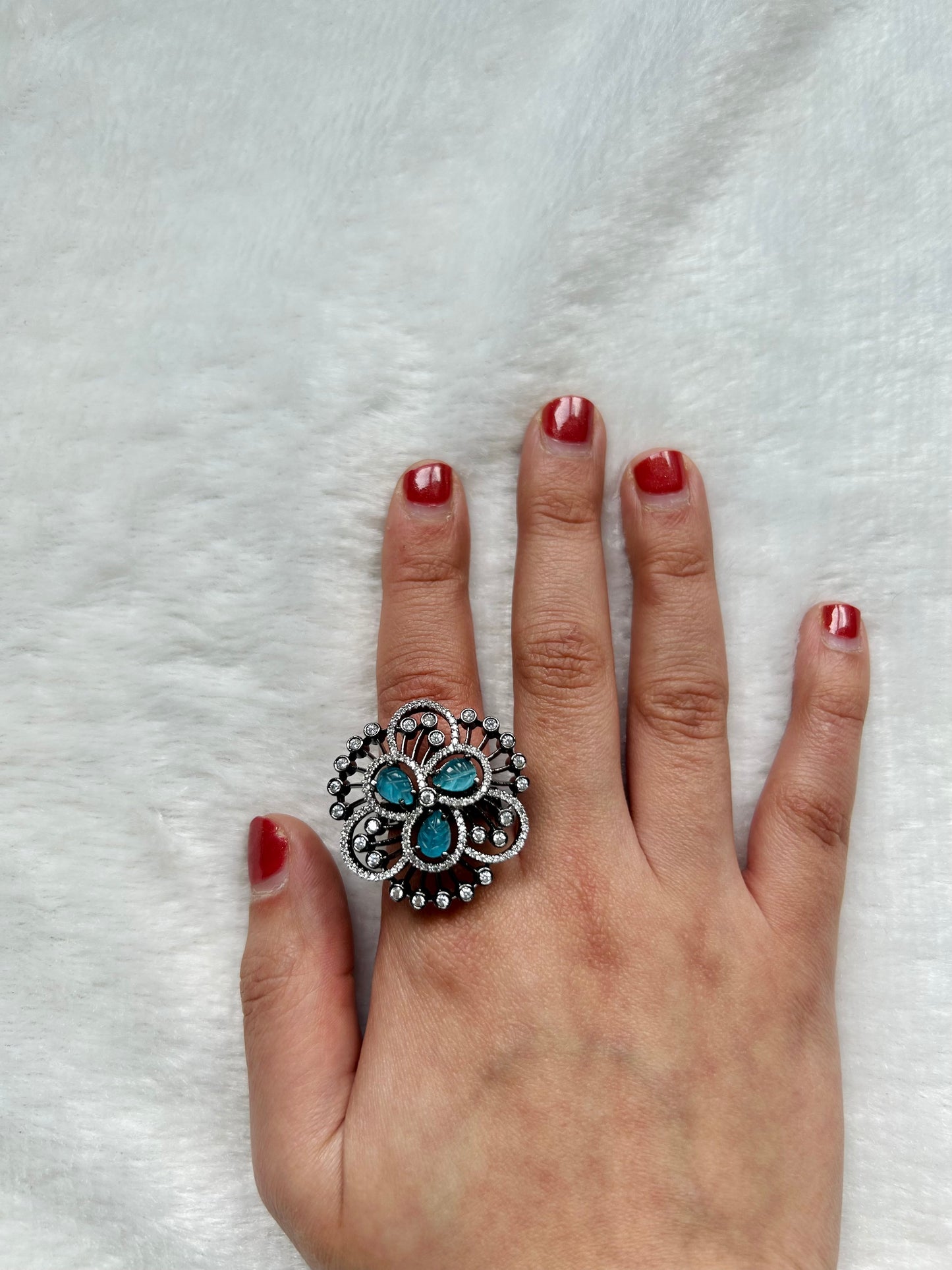 AD Blue Flower Oxidized Ring