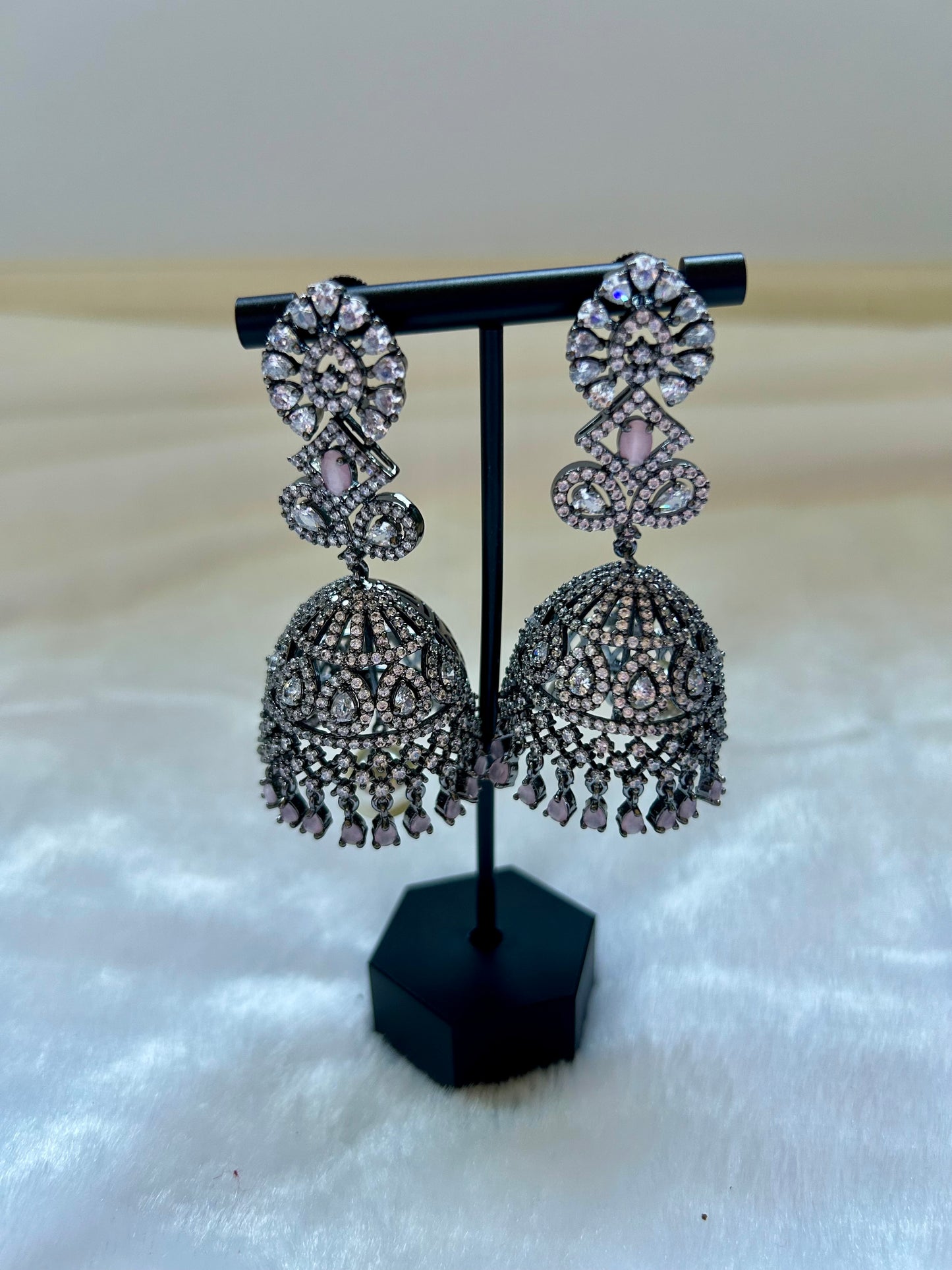 AD Oxidized Pink Jhumka Earrings