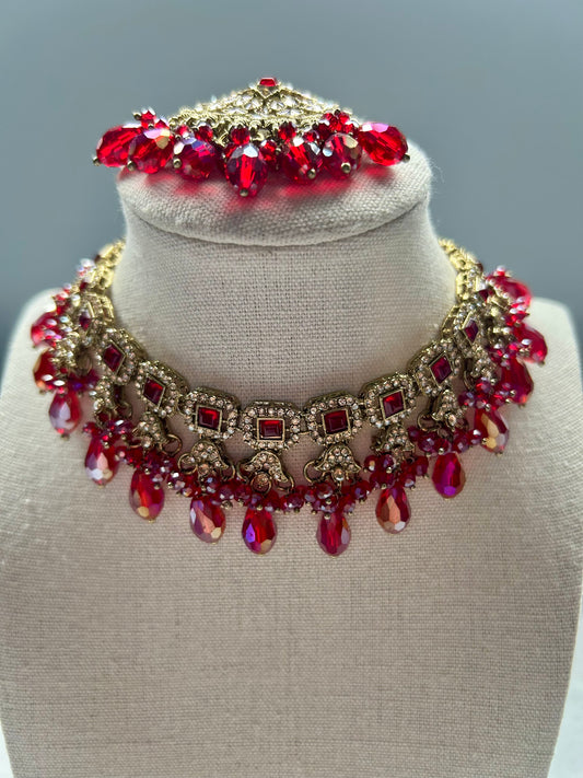 Dark Red/ Pink Polki Choker Tikka Set