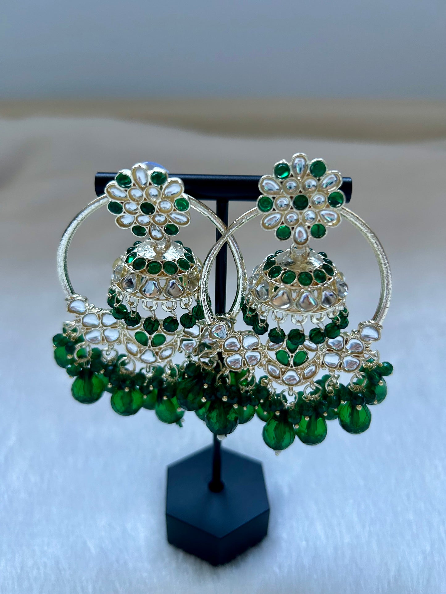 2 in 1 Bottle Green Kundan Waliyaan Jhumka Earrings