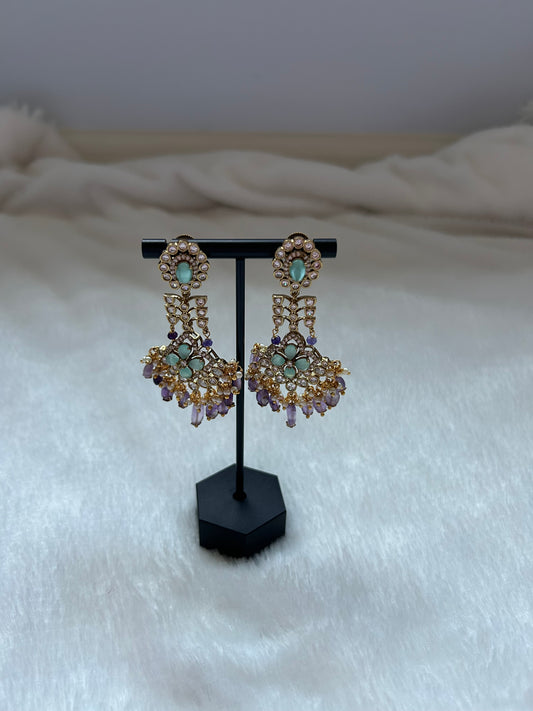 Mint & Purple Kundan and AD Earrings