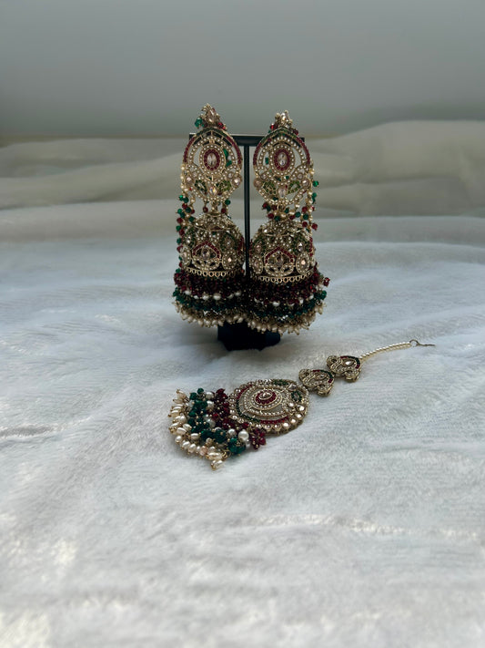 Red & Green Polki Sahara Jhumki Tikka Set