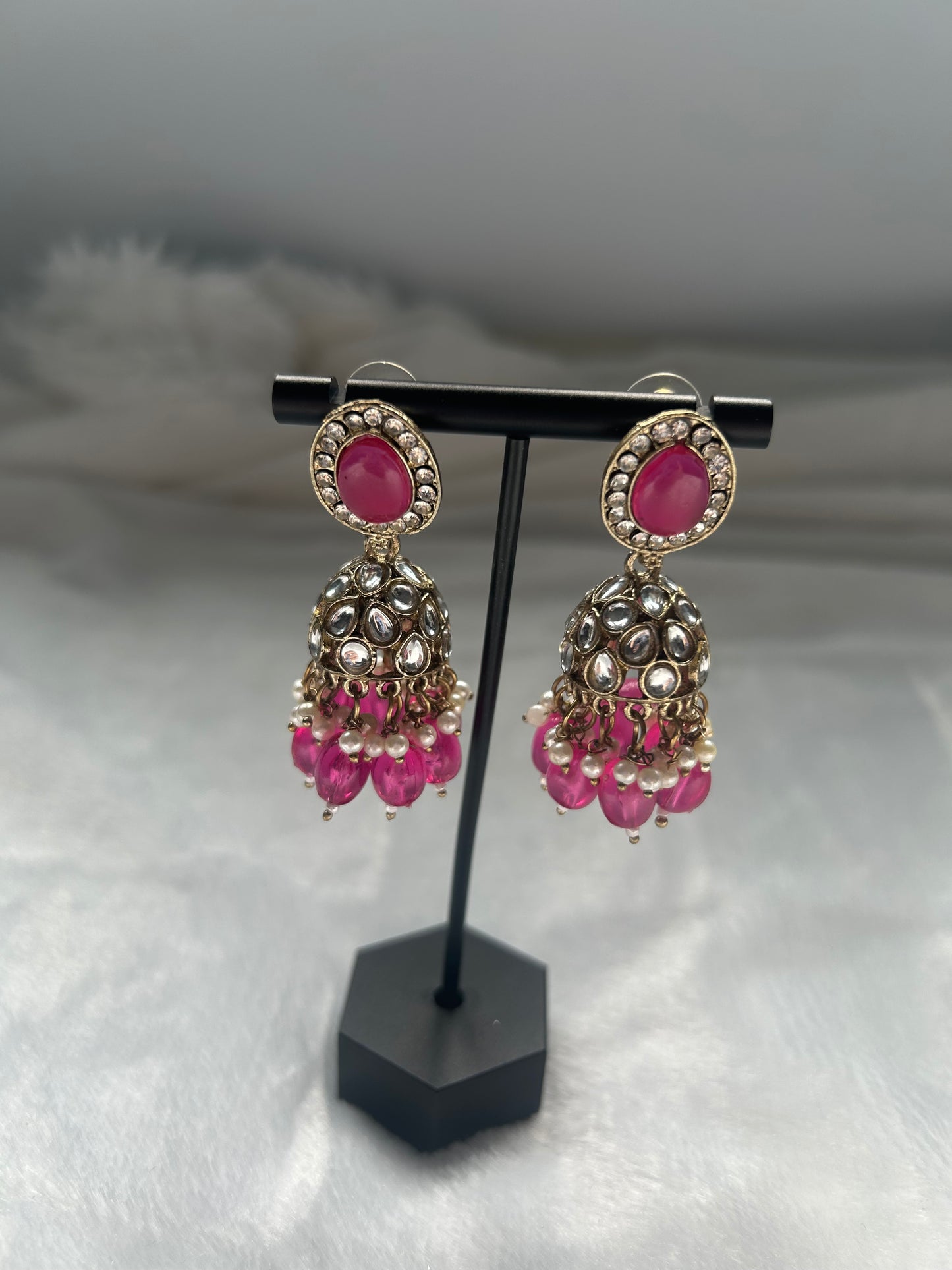 Hot Pink Kundan Jhumki Earrings