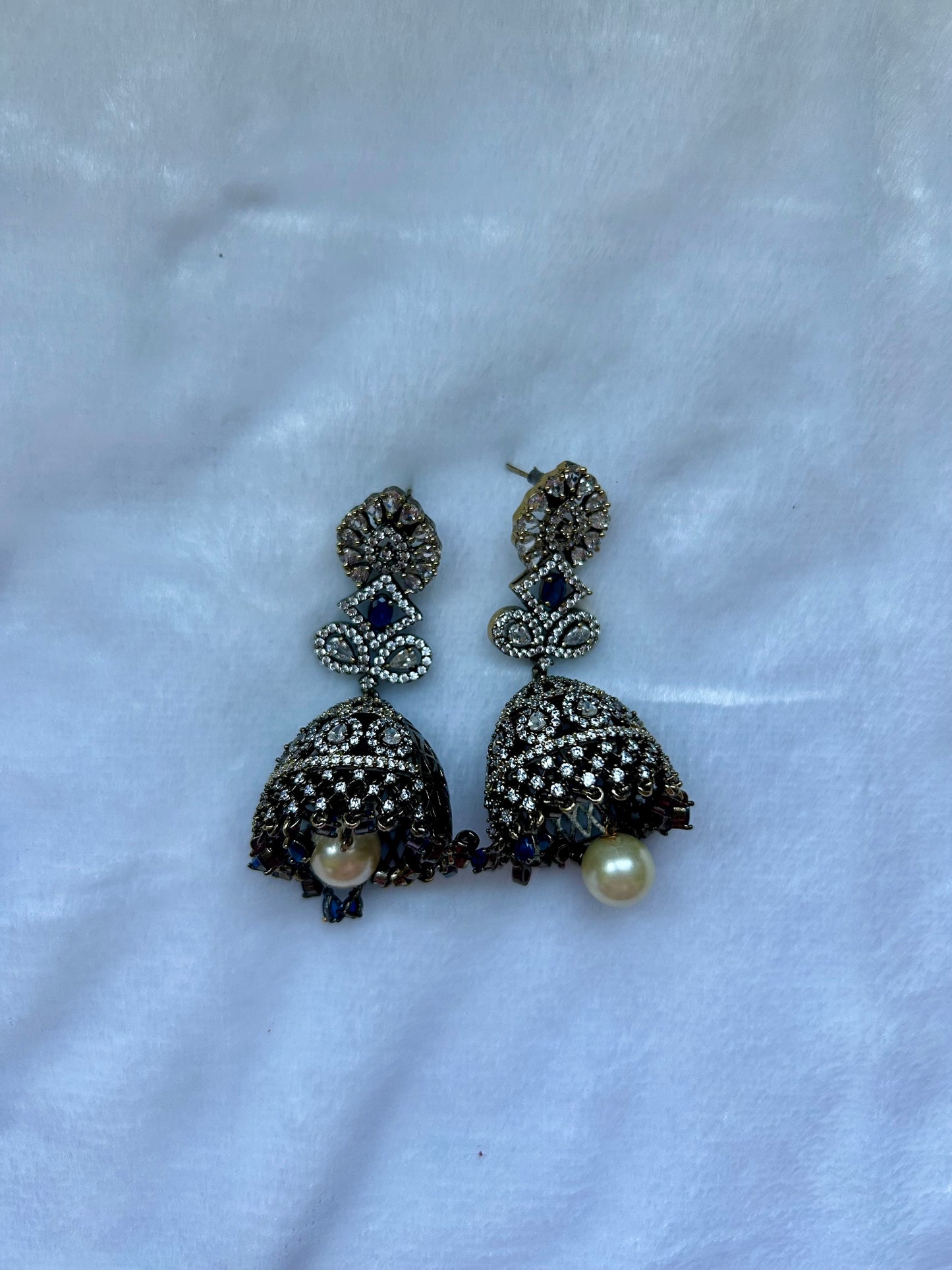 AD Oxidized Royal Blue Jhumka Earrings